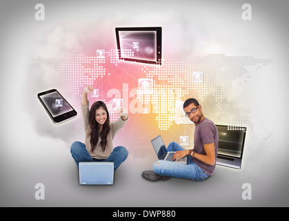 Young people using laptops with profiles and map Stock Photo