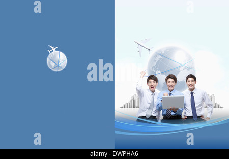 business booklet template featuring business people in illustrated background Stock Photo