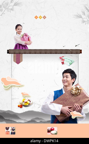 illustration memo template with father and daughter in Chuseok Stock Photo