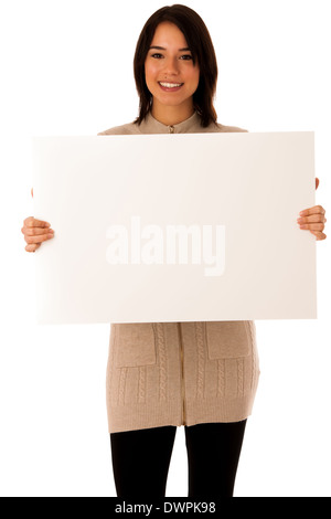 Beautiful young asian caucasian woman with whiteboard isolated over white background Stock Photo