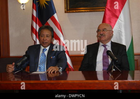Budapest. 12th Mar, 2014. Visiting Malaysian Foreign Minister Anifah Aman (L) attends a press conference with Hungarian Foreign Minister Janos Martonyi in Budapest, Hungary on March 12, 2014. © Yang Yongqian/Xinhua/Alamy Live News Stock Photo