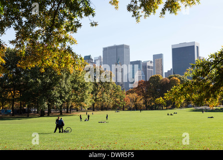 Sheep Meadow with Skyline in background, Central Park, NYC Stock Photo