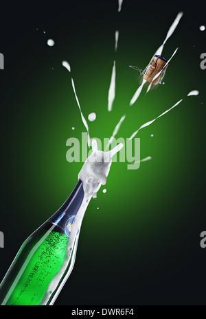 Champagne with flying cork in action Stock Photo