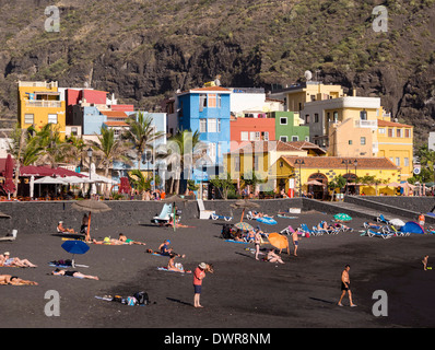 The dark black sand beach of Puerto de Tazacorte on the Canary Island of La Palma. Stock Photo