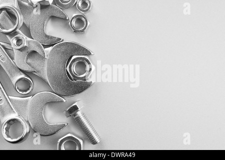 Wrench tools on metal background. Empty space for Your text Stock Photo