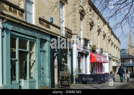 Row of smart shops in Montpelier, Cheltenham, Gloucestershire Stock Photo