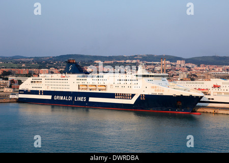 Grimaldi Lines Ro-Ro ferry mv Cruise Roma in Civitavecchia harbor, Italy Stock Photo