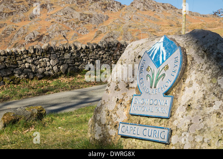 Bilingual sign for Snowdonia National Park in Capel Curig, Conwy, North Wales, UK, Britain Stock Photo