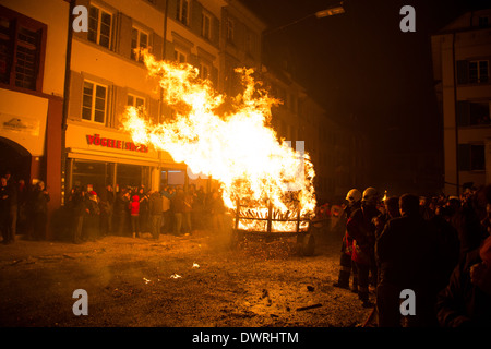 Photgraph of a burning cart at the traditional fire parade 'Chienbäse' for Fasnacht in Liestal, Switzerland. Stock Photo