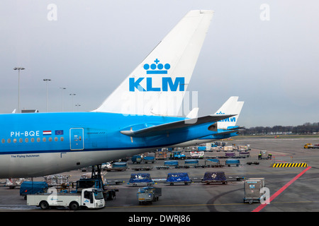 KLM aircraft being loaded with cargo containers at a loading bay, Schiphol Airport, Amsterdam, Holland, Netherlands Stock Photo