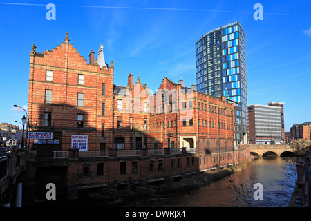 The Royal Exchange Building and modern apartments by the River Don, Sheffield, South Yorkshire, England, UK. Stock Photo