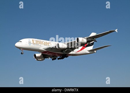 Emirates Airbus A380-861 (A6-EER) coming in to land at London Heathrow, UK. (March 2014) Stock Photo