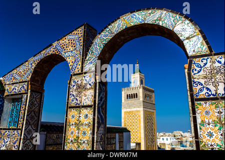 North Africa, Tunisia, Tunis. The minaret of the great mosque Zaytuna view from the terraces. Stock Photo