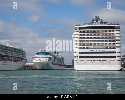 Huge cruise ships prepare for boarding in Venice's cruise terminal. Stock Photo