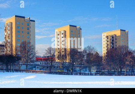 Three high rise buildings in the fifties suburb of Vällingby, west Stockholm, Sweden on a sunny winter day. Stock Photo