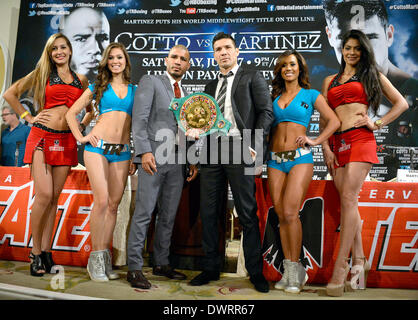 Beverly Hills, CA. 12th Mar, 2014. Three-division world champion and of Puerto Rico Miguel Cotto(L) pose with World Boxing Council (WBC)/The Ring middleweight champion Argentina's Serigo Martinez(R) during a Los Angeles press conference Wednesday. The two will be fighting for the World Middleweight Championship collision which will take place on Saturday, June 7, at the 'Mecca of Boxing, ' Madison Square Garden.Photo by Gene Blevins/LA DailyNews/ZUMAPRESS Credit:  Gene Blevins/ZUMAPRESS.com/Alamy Live News Stock Photo