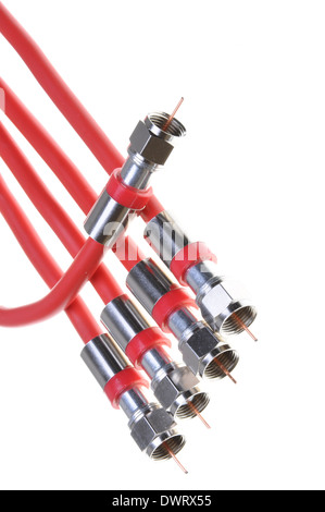 Bunch of red coaxial cables with connectors Stock Photo