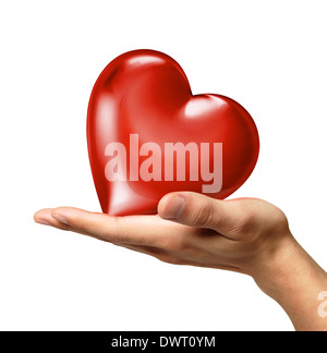 Man's hand holding a red shiny heart on palm, viewed from a side. On white background. Clipping path included. Stock Photo
