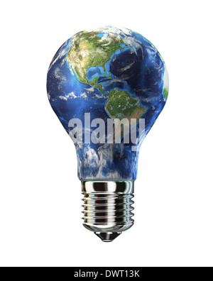 Light bulb with planet Earth in place of glass. Americas view. On white background. Clipping path included. Stock Photo