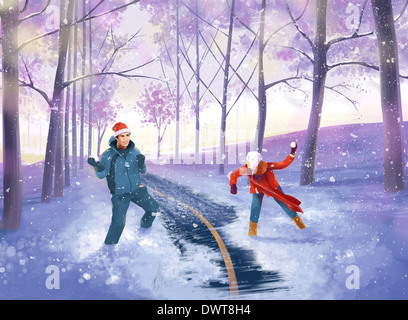 Illustrative image of couple playing in snow during Christmas Stock Photo
