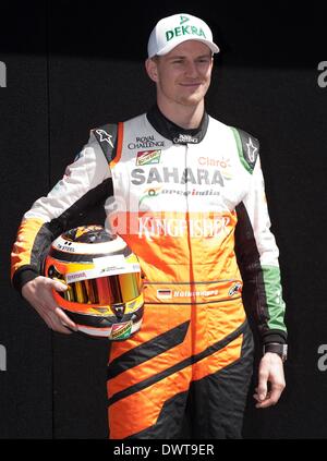 Melbourne, Australia. 13th Mar, 2014. Force India Formula one driver Nico Hulkenberg of Germany attends the drivers portrait session ahead of Australian Formula One Grand Prix at Albert Park in Melbourne, Australia, March 13, 2014. Credit:  Bai Xue/Xinhua/Alamy Live News Stock Photo