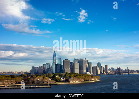 The Manhattan skyline viewed from the top deck of cruise liner Caribbean Princess moored at Brooklyn International Terminal 13 Stock Photo