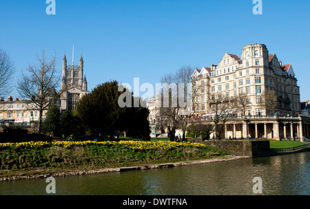 View across River Avon to Parade Gardens and Abbey, Bath, Somerset, England, UK