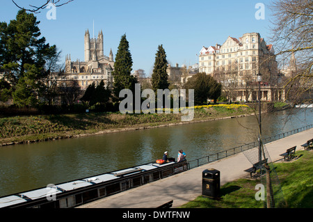 View across River Avon to Parade Gardens and Abbey, Bath, Somerset, England, UK Stock Photo