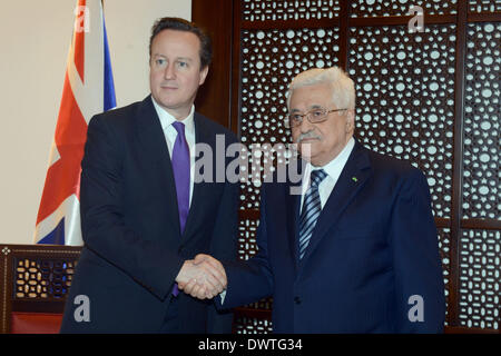 Bethlehem, West Bank, Palestinian Territory. 13th Mar, 2014. Palestinian President, Mahmoud Abbas (Abu Mazen) meets with British Prime Minister David Cameron in the West Bank city of Bethlehem on March 13, 2014. David Cameron is on his second day visit to Israeli and the Palestinian territories Credit:  Thaer Ganaim/APA Images/ZUMAPRESS.com/Alamy Live News
