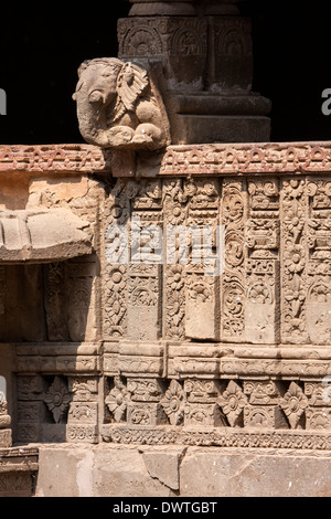 Stone Carving, including Hindu God Ganesh, Protector of Households, Chand Baori Step Well, Abhaneri Village, Rajasthan, India. Stock Photo