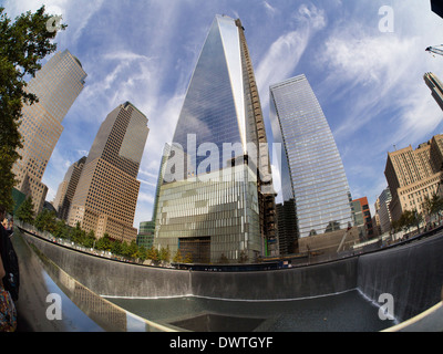 Fisheye view of the new One World Trade Centre and Memorial Fountain at Ground Zero New York 5 Stock Photo