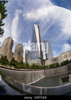 Fisheye view of the new One World Trade Centre and Memorial Fountain at Ground Zero New York 2 Stock Photo