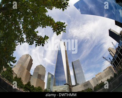 Fisheye view of the new One World Trade Centre and Memorial Fountain at Ground Zero New York Stock Photo