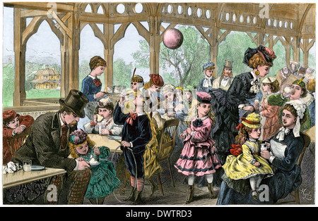 Children drinking milk at the dairy in Central Park, New York City, 1870s. Hand-colored woodcut Stock Photo