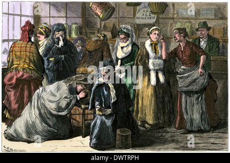 Women temperance crusaders in a saloon, 1870s. Hand-colored woodcut Stock Photo