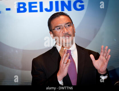 Kuala Lumpur, Malaysia. 13th Mar, 2014. Malaysian Acting Transport Minister Hishammuddin Hussein speaks during a press conference in Kuala Lumpur, Malaysia, March 13, 2014. Malaysian authorities on Thursday denied news reports that the missing Malaysian passenger jet may have continued flying for some time after last contact, saying these reports are 'inaccurate.' Credit:  He Jingjia/Xinhua/Alamy Live News Stock Photo
