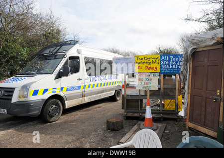 Greater Manchester Police Tactical Aid Unit van passing the anti-fracking protester camp at Barton Moss. Stock Photo