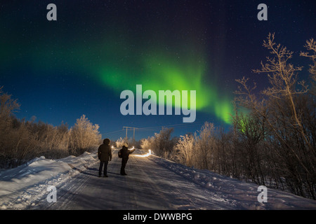 Aurora Borealis or Northern Lights, Abisko, Lapland, Sweden.  Cold temperatures as low as -47 celsius. Stock Photo