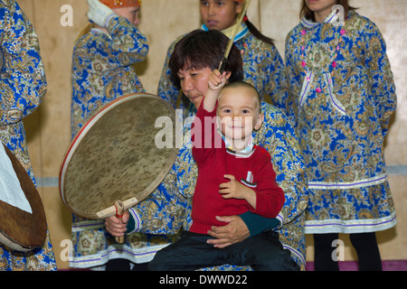 Siberian Yupiks performing traditional music and dance, Nova Chaplina, Chukotka, Russia Stock Photo