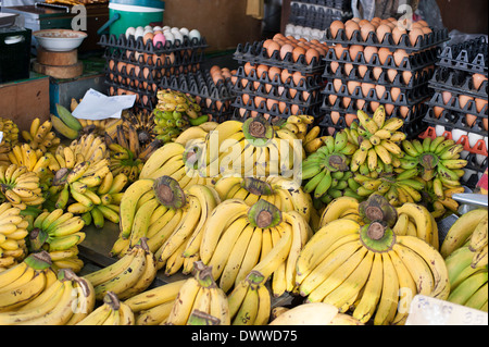 Bananas and eggs in market in Northern Thailand. Stock Photo