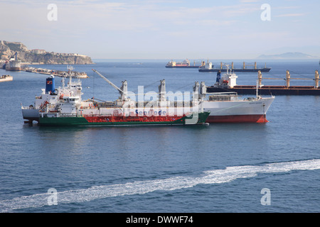 Reefer ship mv Pacific Mermaid anchored in Gibraltar with bunker ship ...