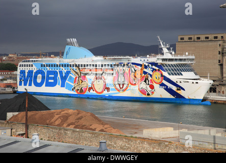 Looney Tunes painted on Italian Ro-Ro car truck and passenger ferry mv Moby Aki in Civitavecchia harbor Italy Stock Photo