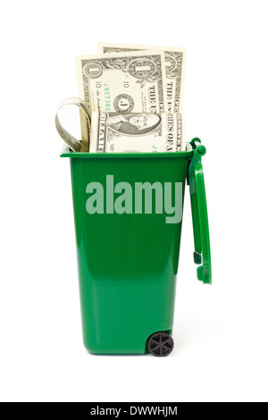 Dollar banknotes in green wheelie bin against white background Stock Photo