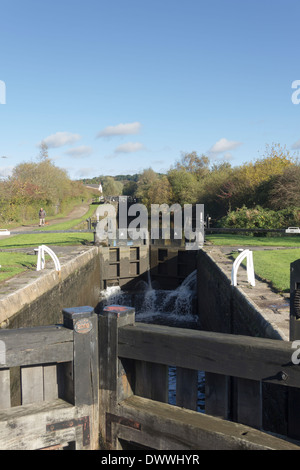 A section of the flight of thirteen canal locks on the Leeds-Liverpool canal at Aspull, near Wigan, Lancashire.