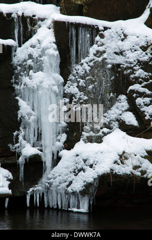 A frozen waterfall on Blow Gill, near Hawnby in the North York Moors National Park. January. Stock Photo