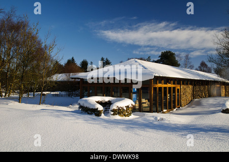 The Sutton Bank Visitor Centre blanketed in snow on a bright winter's morning in the North York Moors National Park. January. Stock Photo