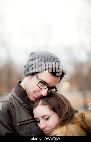 USA, Massachusetts, Portrait of young couple embracing Stock Photo