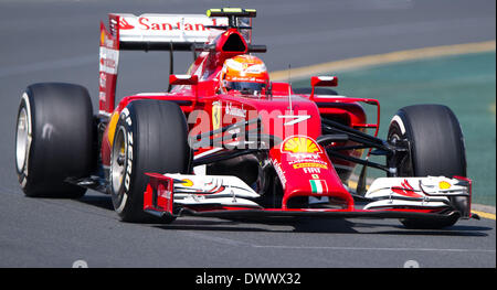 Melbourne, Australia. 14th Mar, 2014. Ferrari Formula one driver Kimi Raikkonen of Finland drives during the first practice session of the Australian Formula One Grand Prix at Albert Park in Melbourne, Australia, March 14, 2014. Credit:  Bai Xue/Xinhua/Alamy Live News Stock Photo