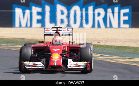 Melbourne, Australia. 14th Mar, 2014. Ferrari Formula one driver Kimi Raikkonen of Finland drives during the first practice session of the Australian Formula One Grand Prix at Albert Park in Melbourne, Australia, March 14, 2014. Credit:  Bai Xue/Xinhua/Alamy Live News Stock Photo