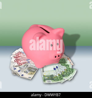 Pink Piggy Bank on a pile euro banknotes Stock Photo